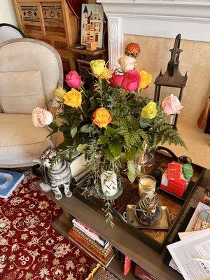 My little three legged kitten named sissy trying to eat my gorgeous flowers from Kelli at Burns Floristy