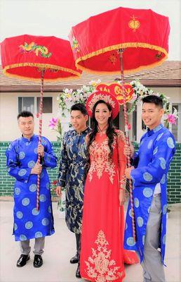 Traditional red umbrellas for rent.