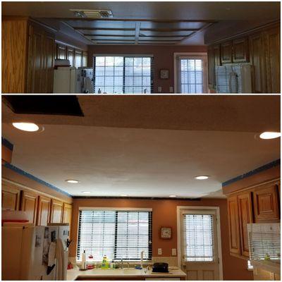 Before and after removal of a recessed light box and install of LED can lights - installed by JMK Electric