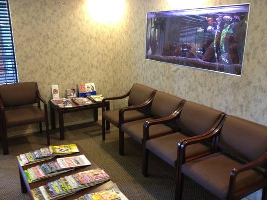 Main lobby. Tons of magazines to read and a play area for kids behind the fish tank