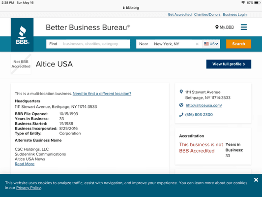 Altice is not accredited by the BBB.