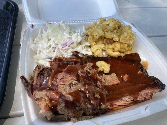 2 meat combo with Chopped Brisket, Ribs, Mac, and Slaw