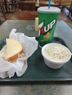 Turkey sandwich, clam chowder, drink