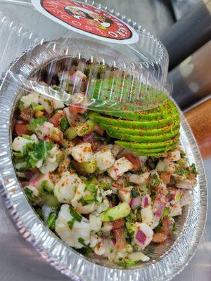 24oz ceviche tray! Our most popular item! A mix of fish and shrimp with veggies!