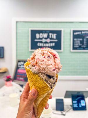 Raspberry sour cream and Oreo double scoop