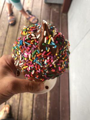 Medium Ice cream cone dipped in chocolate and sprinkled.