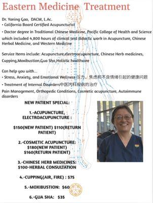 Dr Gao's professional background and current new patient specials