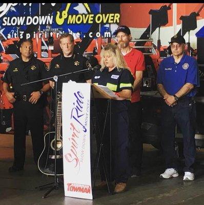 Tina of Meyer's Towing giving a speech at the ATSpirite NYS fairgrounds. She is a strong voice for the Slow Down Move Over law!!