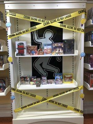 We highlight different games month and this is our mystery/who done it display featuring all of our mystery games!