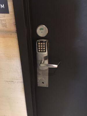 Install smart digital lock on a bathroom door of a Resturant- After photo. Our locksmiths are highly trained!