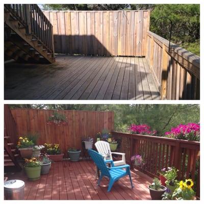 Before/after of a staining job we did. Thank you H.B. Provisions!