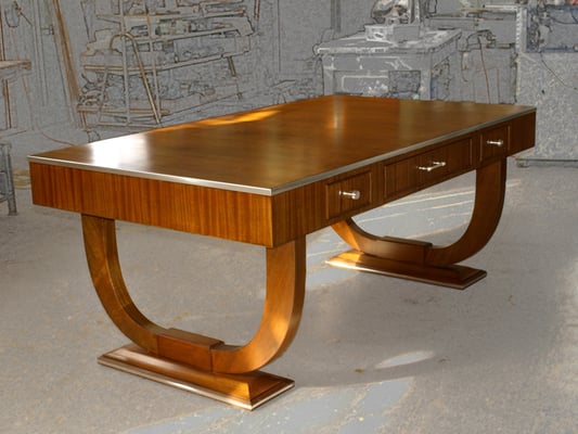 Deco style office desk. Ribbon mahogany, Aluminum, Brass.