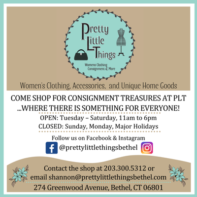 An invitation to shop at Pretty Little Things Consignment Shop in Bethel, CT .  . .