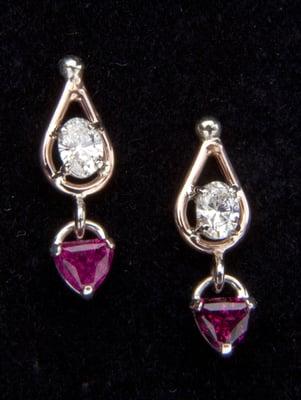 2 Tone 14kr/14kw Diamond Rubilite earrings. 2 Oval diamonds SI1 F color .73 TW