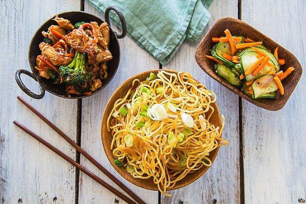 Chicken Broccoli, Pan-fried Egg Noodles, Cucumber Salad