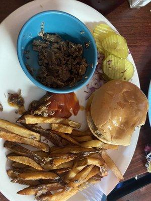 Chopped beef sandwich with fries