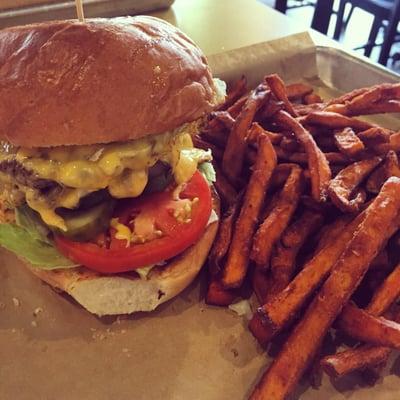 Double cheese burger with the fixins! Mooyah sauce and sweet potato fries. Bomb!