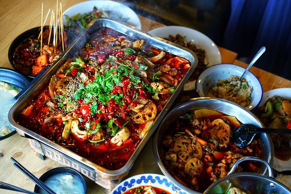 Spicy Roasted Fish with Vegi topping. Spicy bowl. Mapo Tofu. Spicy skewed