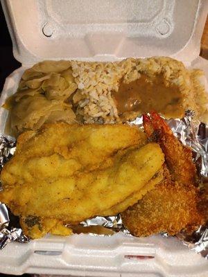 Fried Whiting Platter. The platter came with (3 Whiting, 3 Jumbo Shrimps, Cabbage, & Brown Rice with gravy)