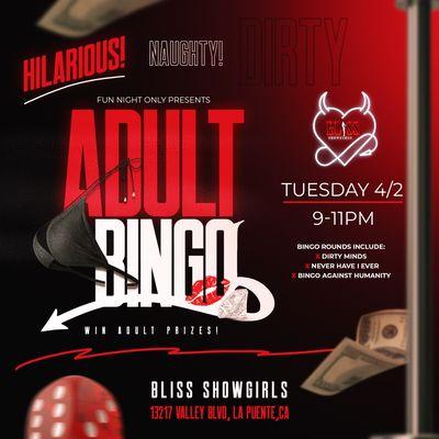 Every first Tuesday of the month catch our friends from fun night hosting adult bingo 
So much fun and lots of cool prizes