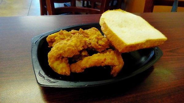 Three Piece Chicken Finger Snack with Cole Slaw and Toast