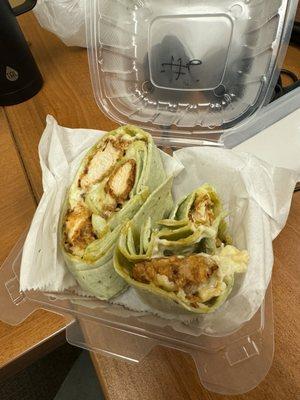 So when did a buffalo chicken wrap that used to come with a side of blue cheese, get chopped in half? Time to find a new spot.