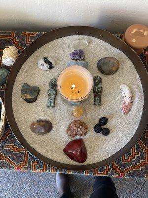 Sandbowl with crystal grids during a healing session in my sacred office space