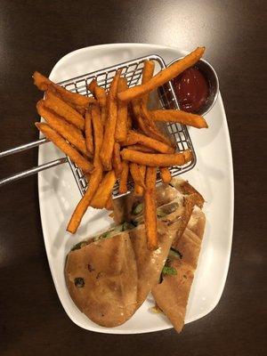 Veggie panini and sweet potato fries