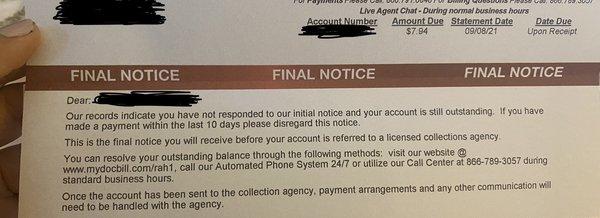 Threatening letter to pay $7.94 before I get sent to collection