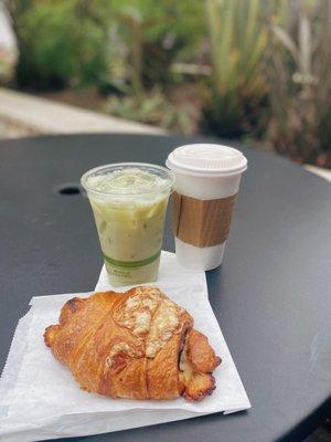 ham & cheese croissant, iced matcha latte w/ almond milk, chai latte