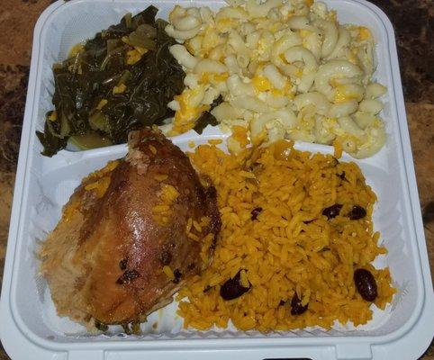 Chicken, Peas & Rice, Collard Greens, Mac & Cheese