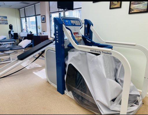 Anti-gravity treadmill, allows any patient to  run/walk w/a controlled body weight  allowing for increased range of motion.