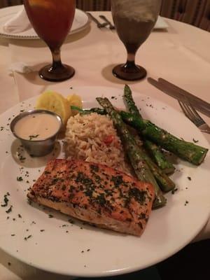 Grilled Salmon with asparagus and rice .  Yummy