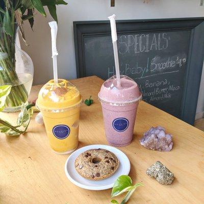 Moon Child Smoothie, Hey Baby Smoothie and our vegan & gluten free chia seed donuts.