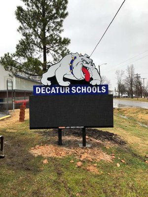 Custom Shaped Monument sign with full color digital display for Decatur Schools in Decatur, AR