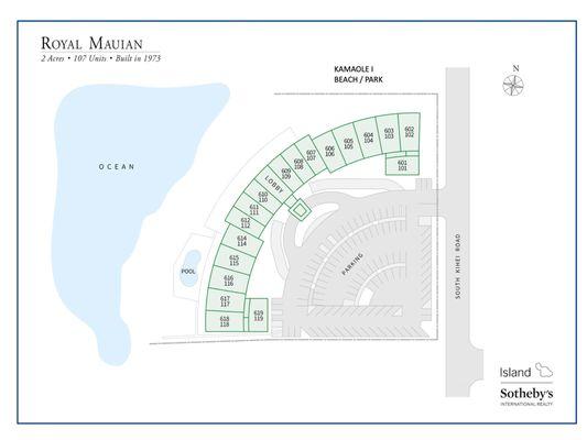 Map showing location of units (example:  102, 202, 302, 402, 502 and 602 are on floors 1-6 where "02" is shown on the map)