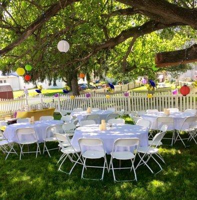 60" Round Tables, white table linens, white chairs