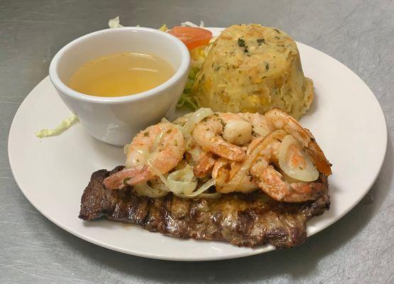 Skirt steak w/ mofongo and chicken broth. Add garlic shrimp. (Churrasco)