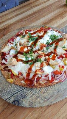 Crispy bbq chicken pizza. Messy as hell and thin thin thin tortilla crust. Good!