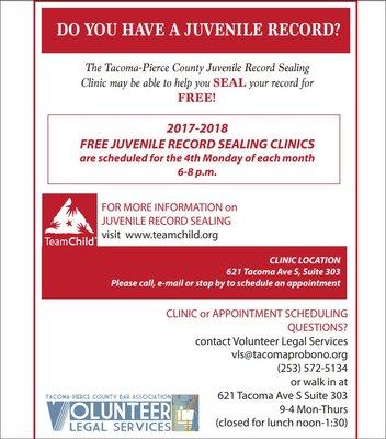 Free Juvenile Record Sealing Clinic. Every 4th Monday of each month. 6-8pm