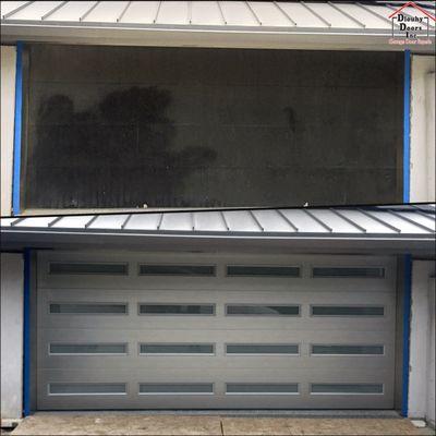 Replaced weathered door with a beautiful Northwest Modern Tech door, shown here in brushed nickel.