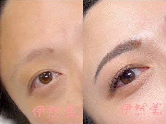 Original image before and after semi-permanent eyebrow tattoo