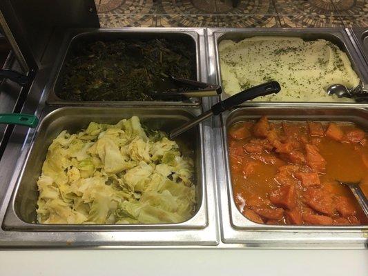 Greens, mashed potatoes, cabbage, & candied yams