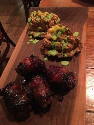 Chicken tostones, bacon wrapped stuffed dates