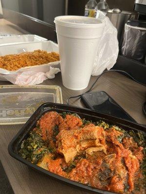 My lovely meal: Medium Efo Riro Soup, Jollof Rice, Soda. But no pounded yam, fork or napkin.