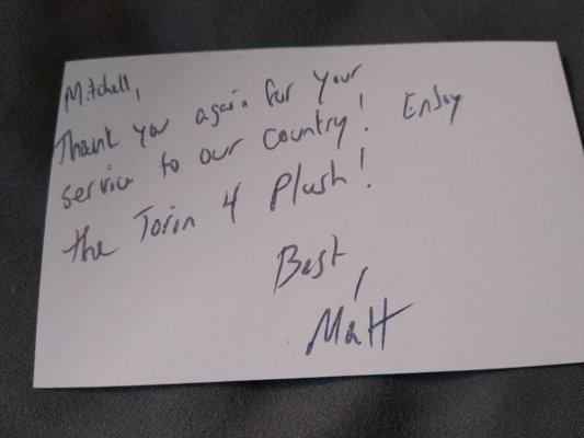 Thank you note directly from Matt!