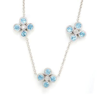 Blue Topaz and Diamond Floral Necklace in 14k White Gold