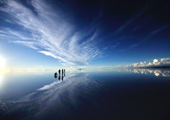 Mirrored-landscaped at the world's largest salt flat of Salar de Uyuni in Bolivia