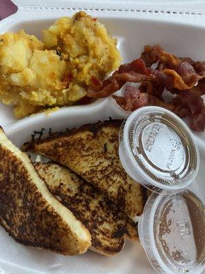 French toast, eggs and bacon