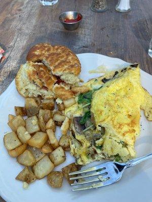 Not very generous portions, decent omelette(after salting it) basic breakfast potato's and a good biscuit.